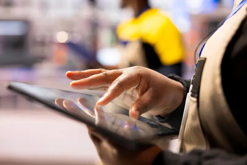 Main utilisant une tablette dans un entrepôt